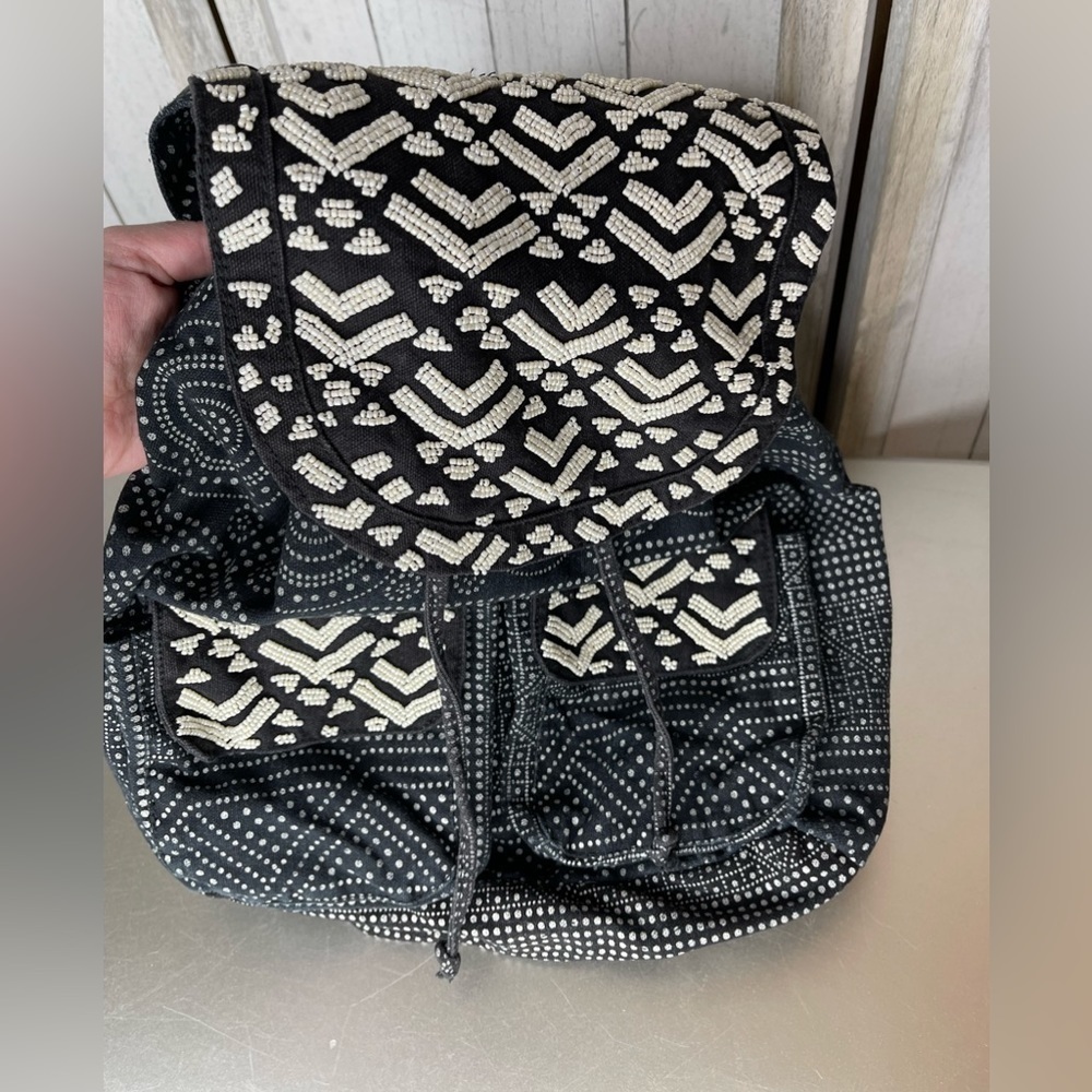 Mossimo Beaded Black White Backpack Purse Cinch Polka Dot